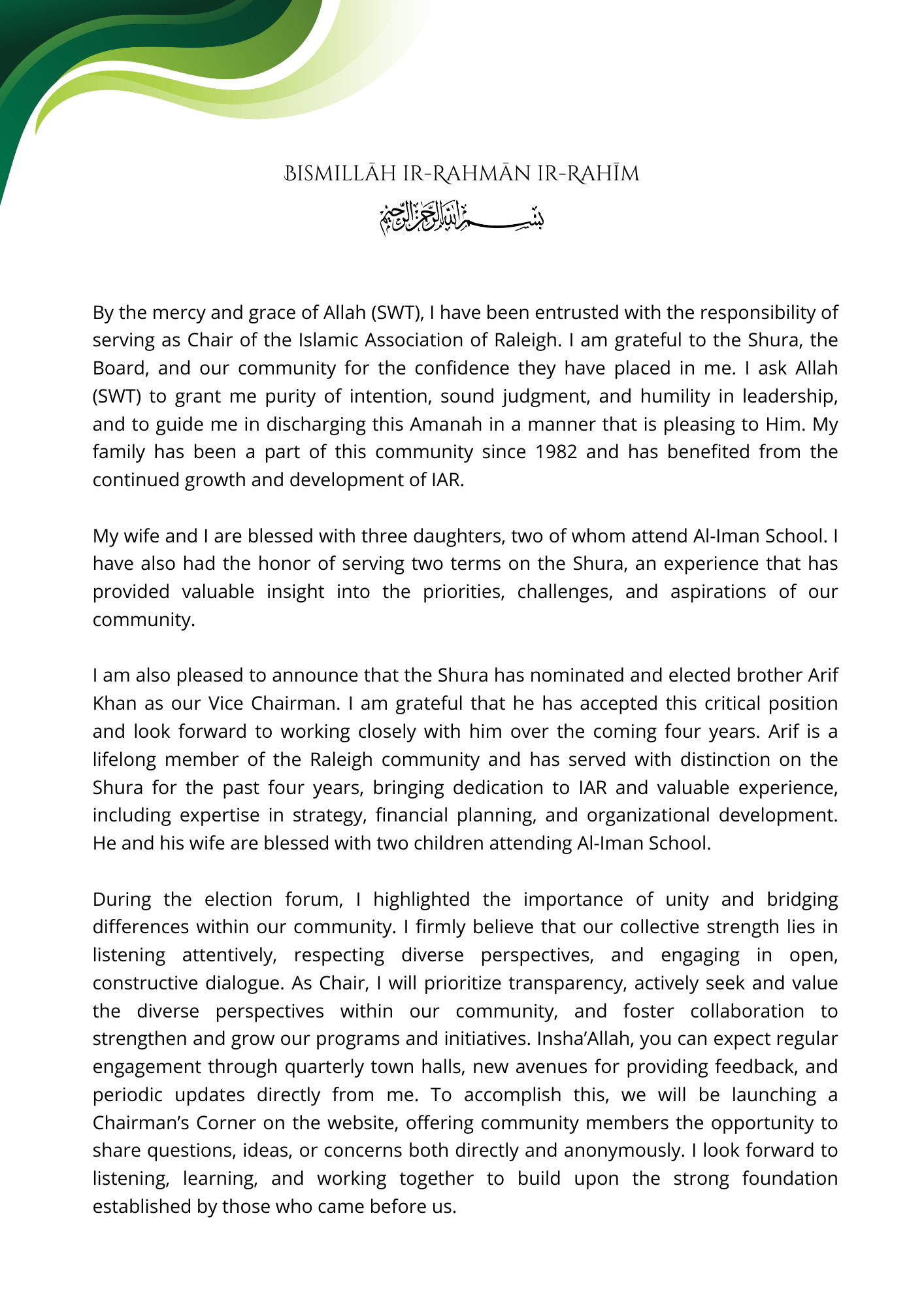 Letter from the New Shura Chairman