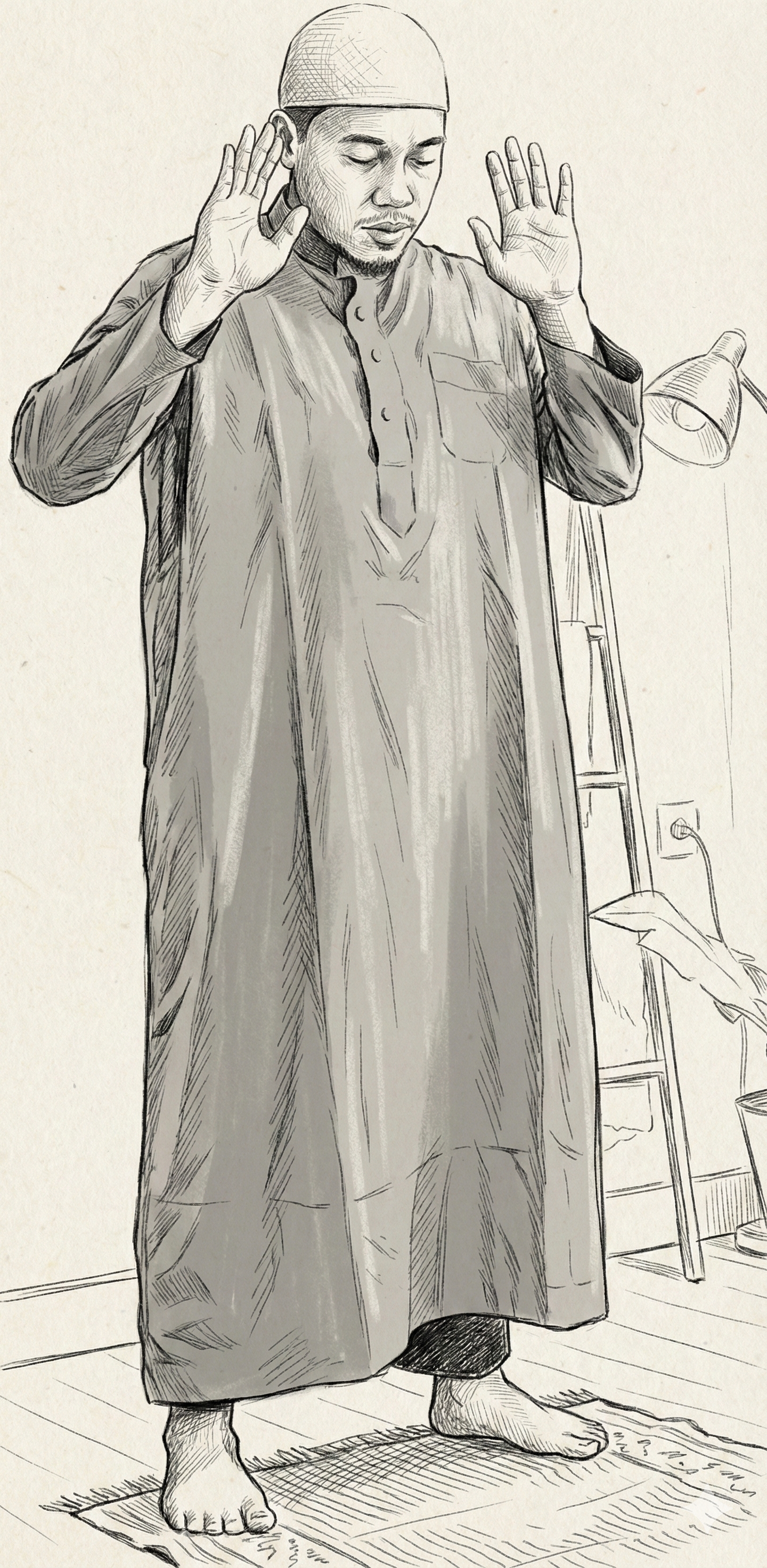 Takbir — Both hands raised to ear level, palms facing forward